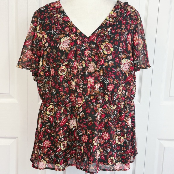 Lane Bryant Black & Red Floral Sheer Ruffle Elastic Waist Blouse 18 - Picture 1 of 16